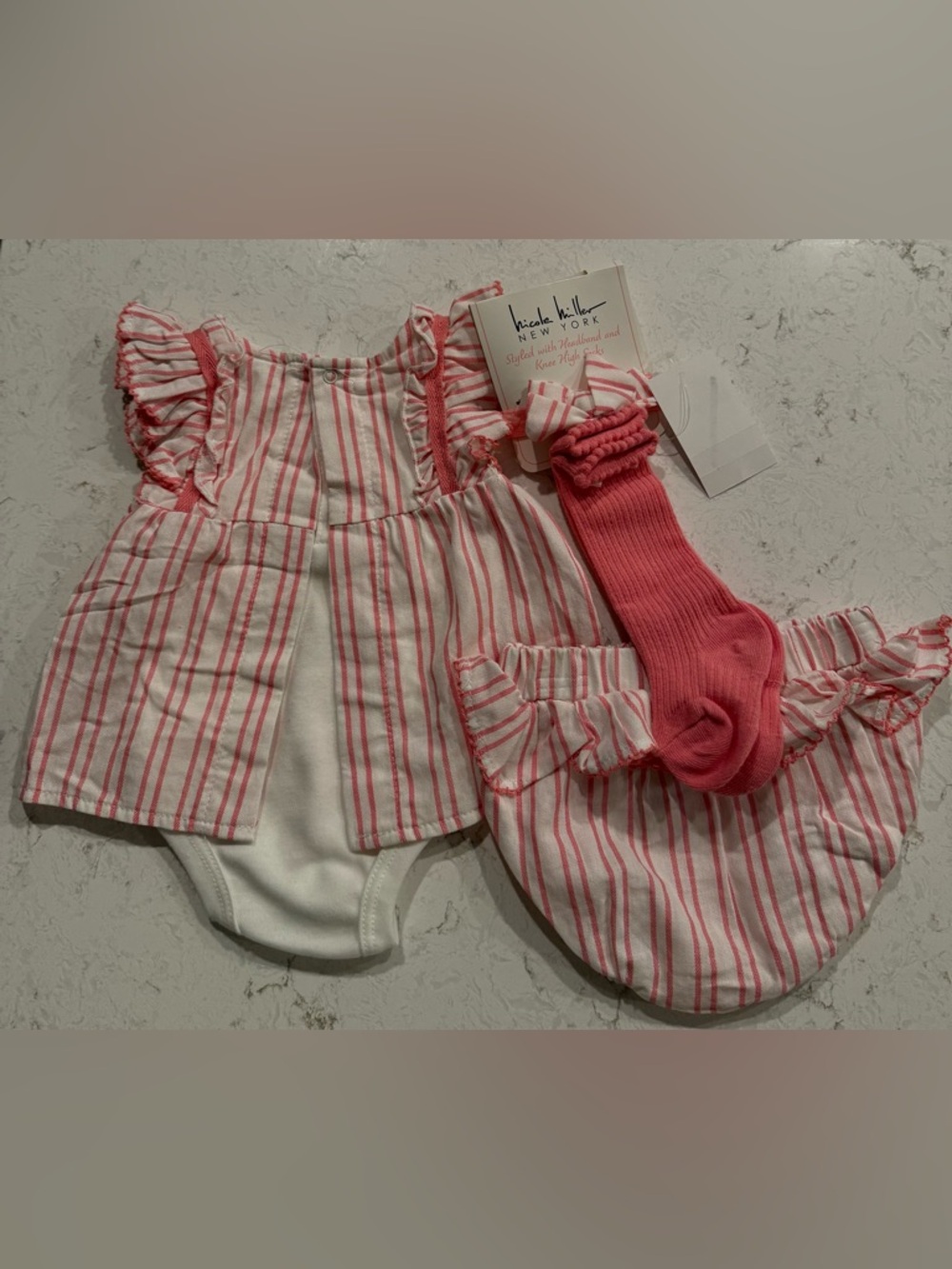 Nicole Miller New York Baby Stripe Romper Set in Coral Pink and White - Picture 2 of 6